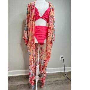 Japanese Inspired Stunning Orange Floral Sheer Swimsuit Kimono Cover-Up Long